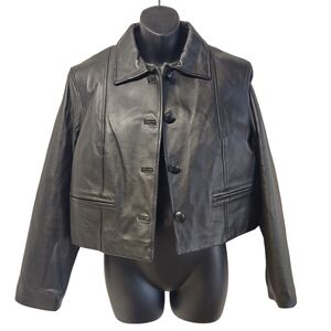 Excelled Collection Women's Black Genuine Leather Cropped Button Jacket Size L
